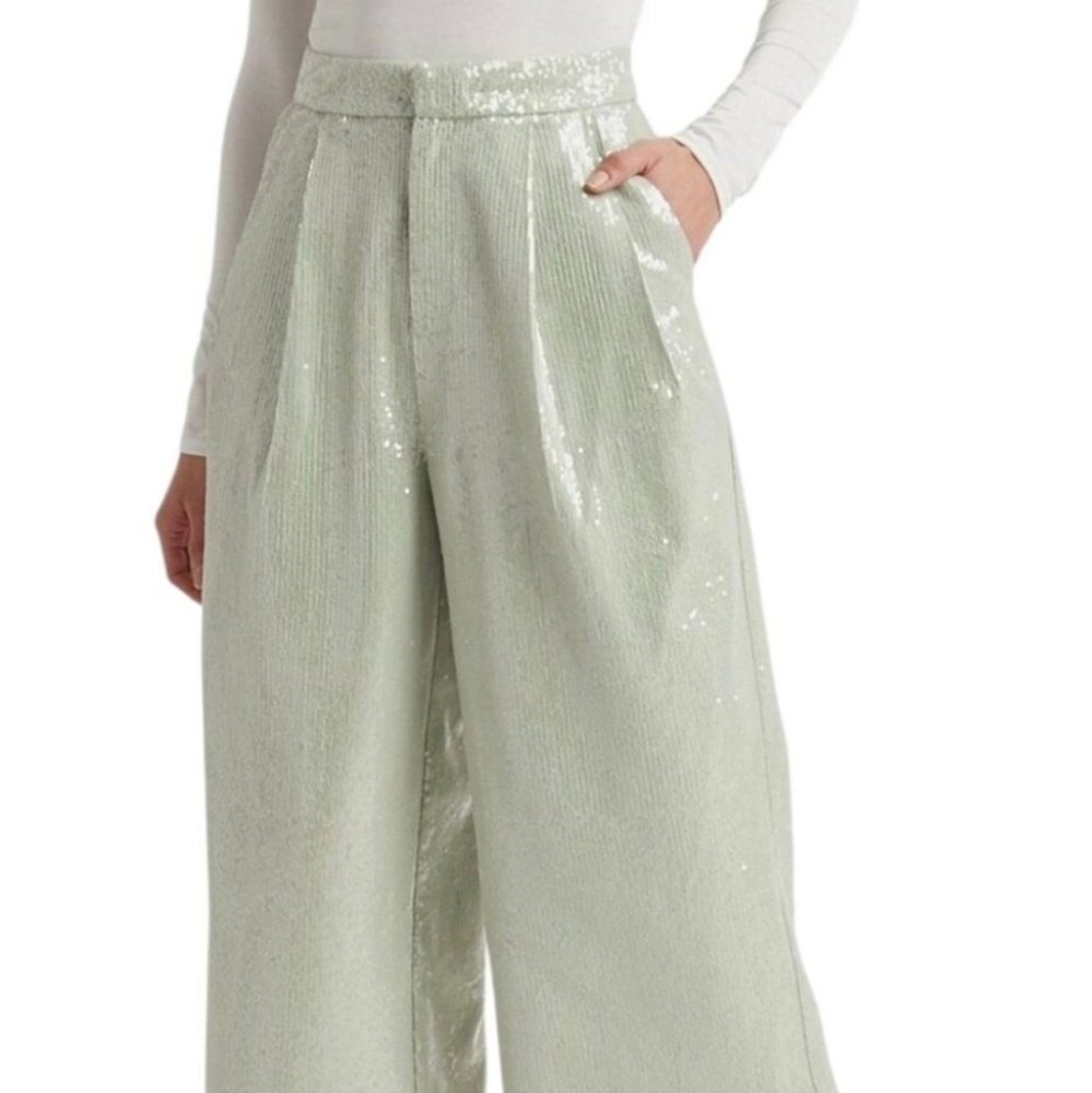 CHOOSY Brand Mint Sequin Wide Leg Crop Pants NWT - Picture 2 of 7